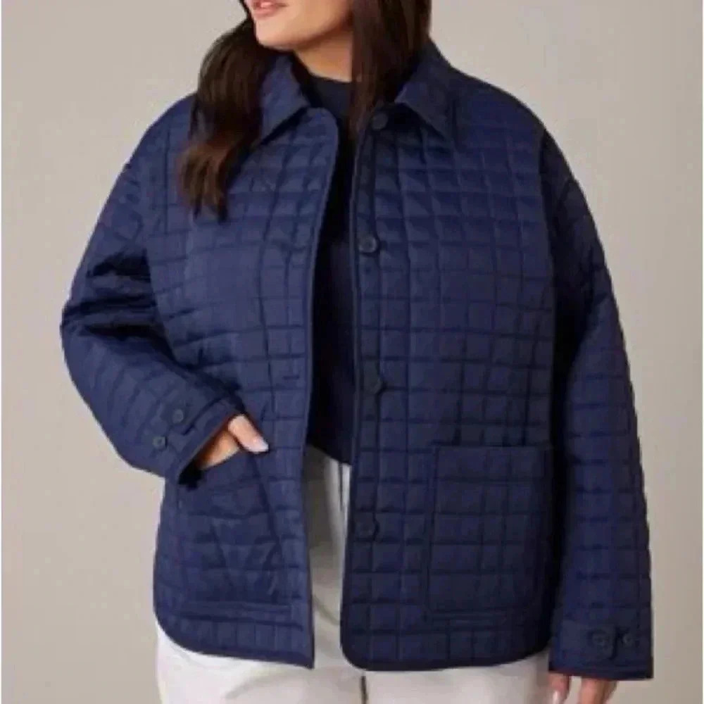 Hudson North Square Quilt Polyfill Navy Oversized Jacket Size Small